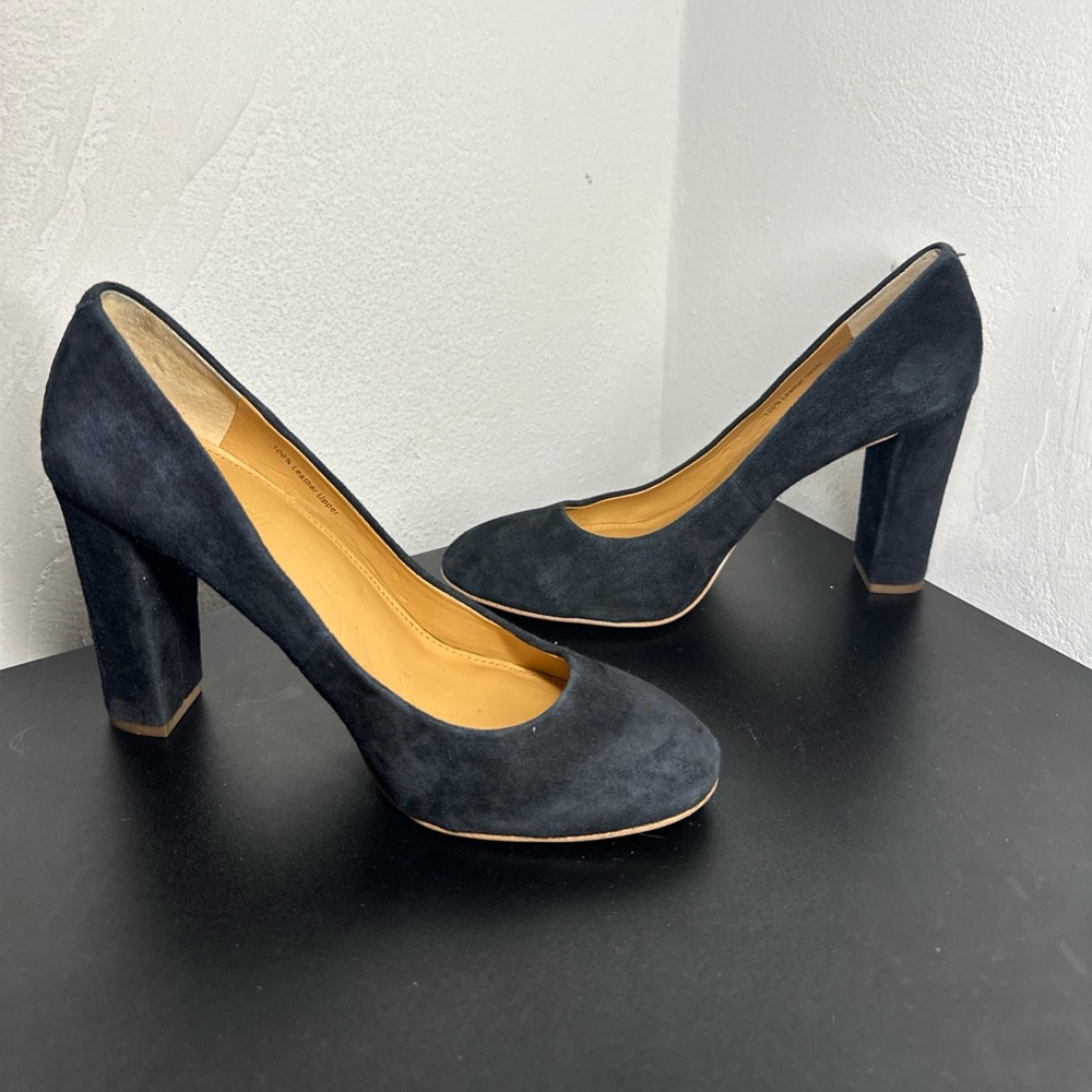 J. CREW Etta Classic Black Suede 3.75" Block Heel Round Toe Pump Heel Shoe 7.5